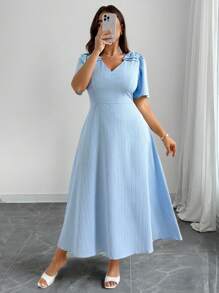 Elenzga Plus Size Textured Bow V-Neck Short Sleeve Dress - Blue - View 9