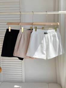 Comfortcana 3 件套多色秋季新品女士休闲斯德哥尔摩风格字母印花短裤夏季女士舒适柔软罗纹短裤，返校 - 彩色 - 查看 5