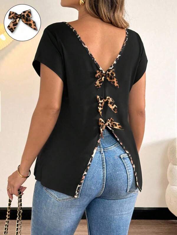 Franclia Plus Size Women's Backless V-Neck Bowknot Back T-Shirt, Elegant Casual
