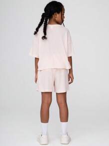 SHEIN Girls' T-Shirt Set,Pink Summer Casual Work Outfit For Tween Girls 8-12Y,Round Neck Short Sleeve Top&Loose Shorts,Unique Waffle Texture,Relaxed Fit - Apricot - View 2