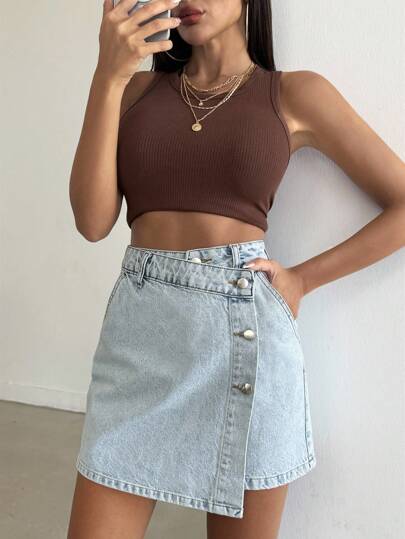 EURMUSE WOMEN MINI SKIRT MEDIUM WASH BUTTON DETAIL Jean Skirt Denim Skirt Crop Top Brown Crop Top Y2k Skirt