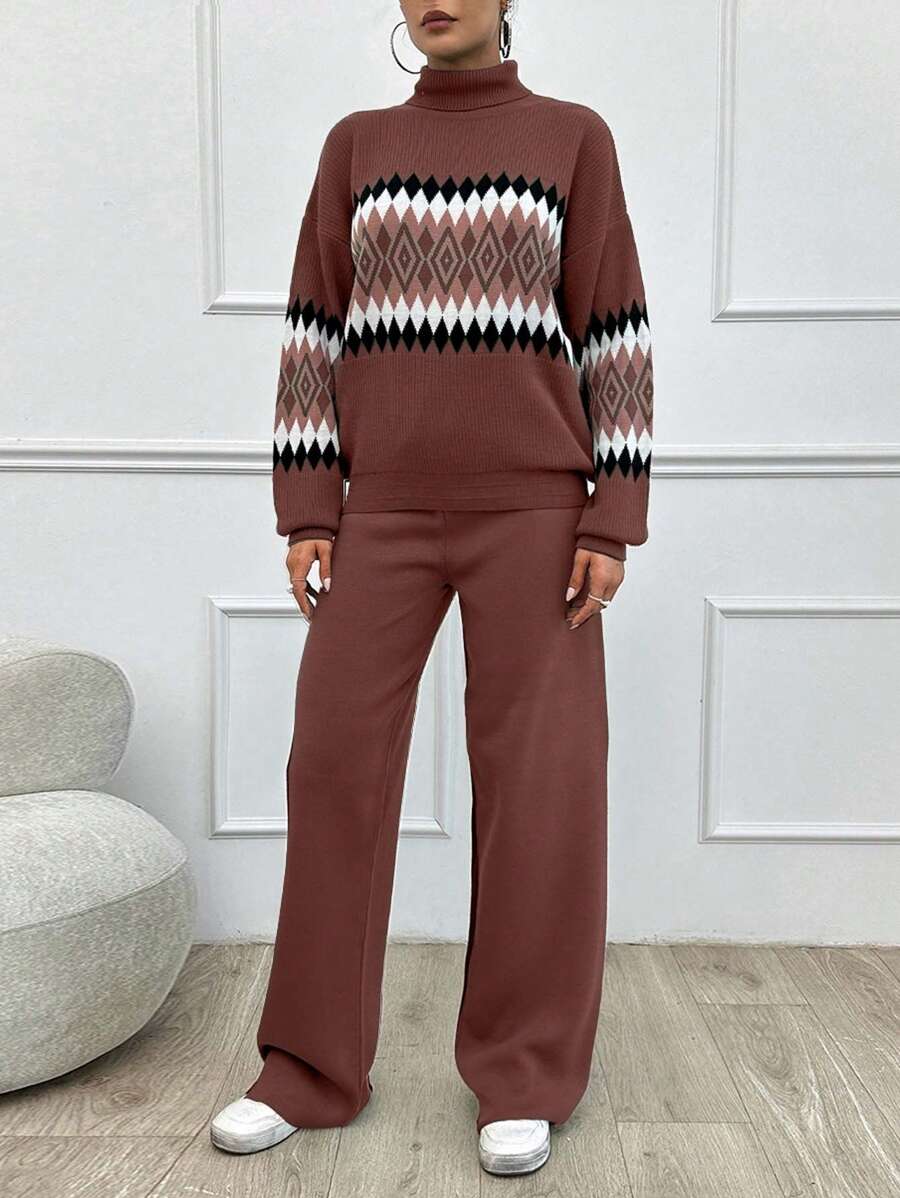 SHEIN Tall Women's Geometric Pattern High Neck Sweater 2pcs/Set, Tall Women - Rusty Rose - View 1