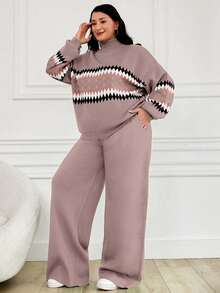 EURMUSE Women's Geometric Pattern High Neck Sweater 2pcs/Set - Dusty Pink - View 3