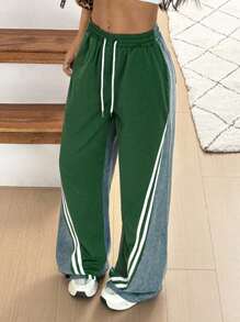 INAWLY INAWLY Women's Casual Everyday Two-Tone Drawstring Waist Oblique Pocket Jeans - Blue - View 6