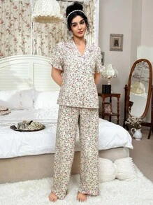 CottageSlumber Bộ đồ ngủ tay ngắn thoải mái có túi và ve áo dành cho nữ Bộ đồ ngủ họa tiết hoa Bộ đồ ngủ họa tiết hoa dành cho nữ Bộ đồ ngủ mùa hè dành cho nữ Bộ đồ ngủ cổ điển Bộ đồ ngủ cài nút dành cho nữ - Nhiều màu - Xem 4