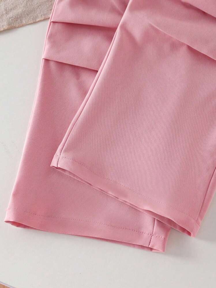 SHEIN Elladie kids 2 pièces/Ensemble Tenue décontractée pour pré-adolescentes avec t-shirt à broderie en forme de nœud et pantalon utilitaire, à la mode pour le printemps et l'été - Rose bonbon - Voir 6