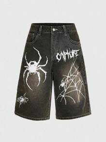 ROMWE Goth Plus Size Spider Print Denim Shorts For Summer - Black - View 1