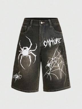 Goth Plus Size Spider Print Denim Shorts For Summer
