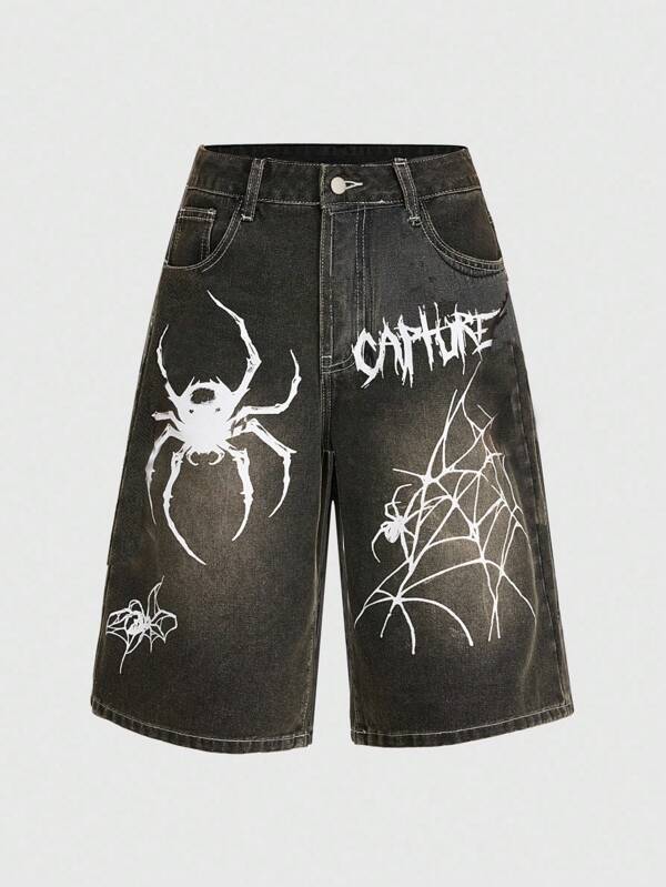 ROMWE Goth Plus Size Spider Print Denim Shorts For Summer