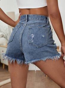 SHEIN Tall Women's Casual Loose Ripped Raw Edge Denim Shorts With Pockets, High Street Style - Light Wash - View 2
