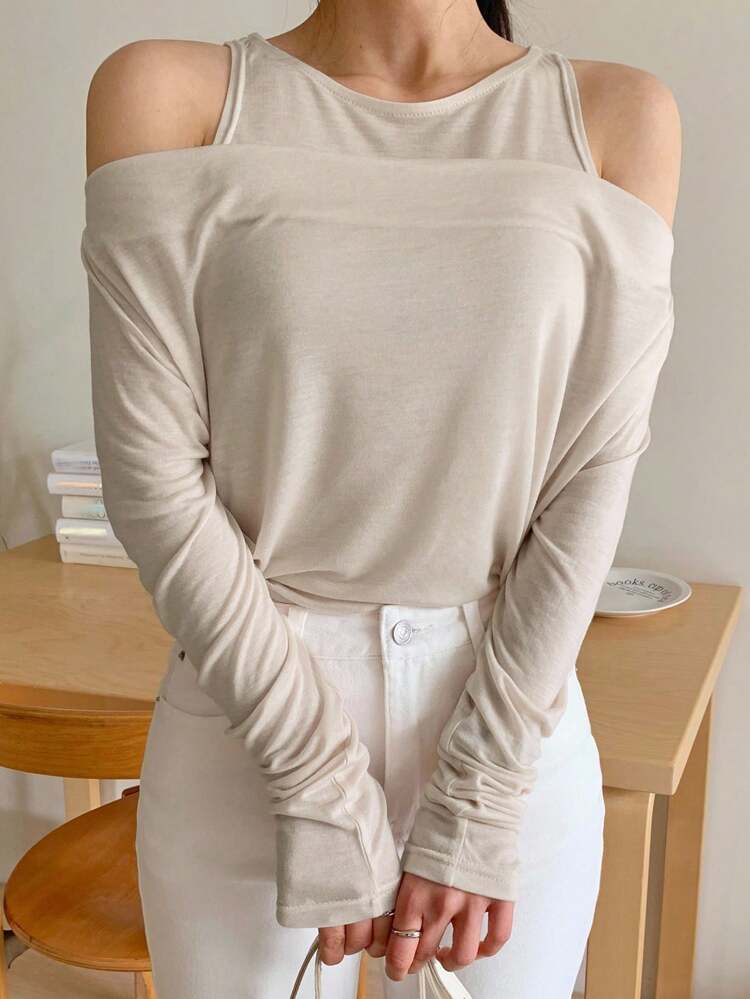 Women Solid Color Crew Neck Camisole And Off Shoulder Long Sleeve T-Shirt Set,Fall Women Clothes