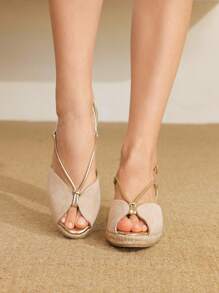 Styleloop 女士坡跟厚底编织凉鞋，波西米亚风格厚底鞋，适合万圣节、圣诞节、派对 - 杏色 - 查看 5