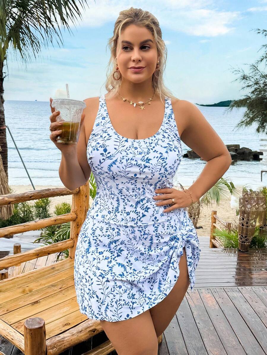 Swim Lushoire Đồ bơi một mảnh cổ tròn in họa tiết lá cỡ lớn có thể điều chỉnh dành cho nữ có quần tam giác, trang phục đi biển giản dị thanh lịch gợi cảm - Xanh và trắng - Xem 1