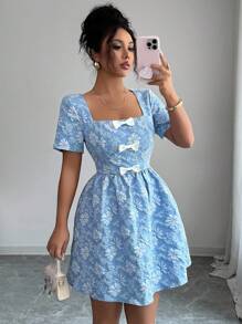 Rafferiza Váy trang trí nơ vải dệt hoa văn jacquard cổ vuông thanh lịch màu xanh lam cho nữ - Màu xanh lam - Xem 1