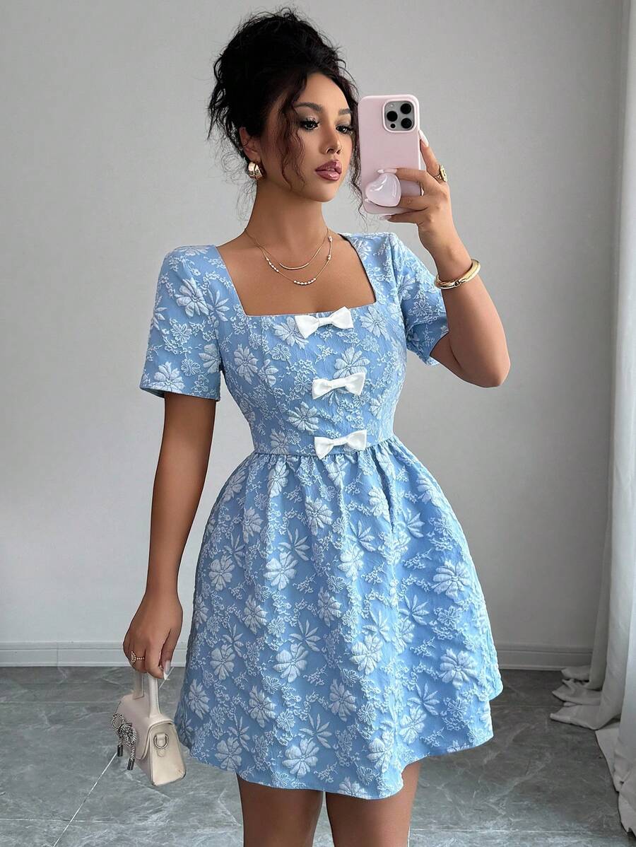 Rafferiza Váy trang trí nơ vải dệt hoa văn jacquard cổ vuông thanh lịch màu xanh lam cho nữ - Màu xanh lam - Xem 1
