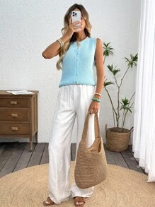 SHEIN LUNE Áo ba lỗ dệt kim đơn giản không tay màu trơn dành cho nữ vào mùa thu/đông - Màu xanh ngọc - Xem 8