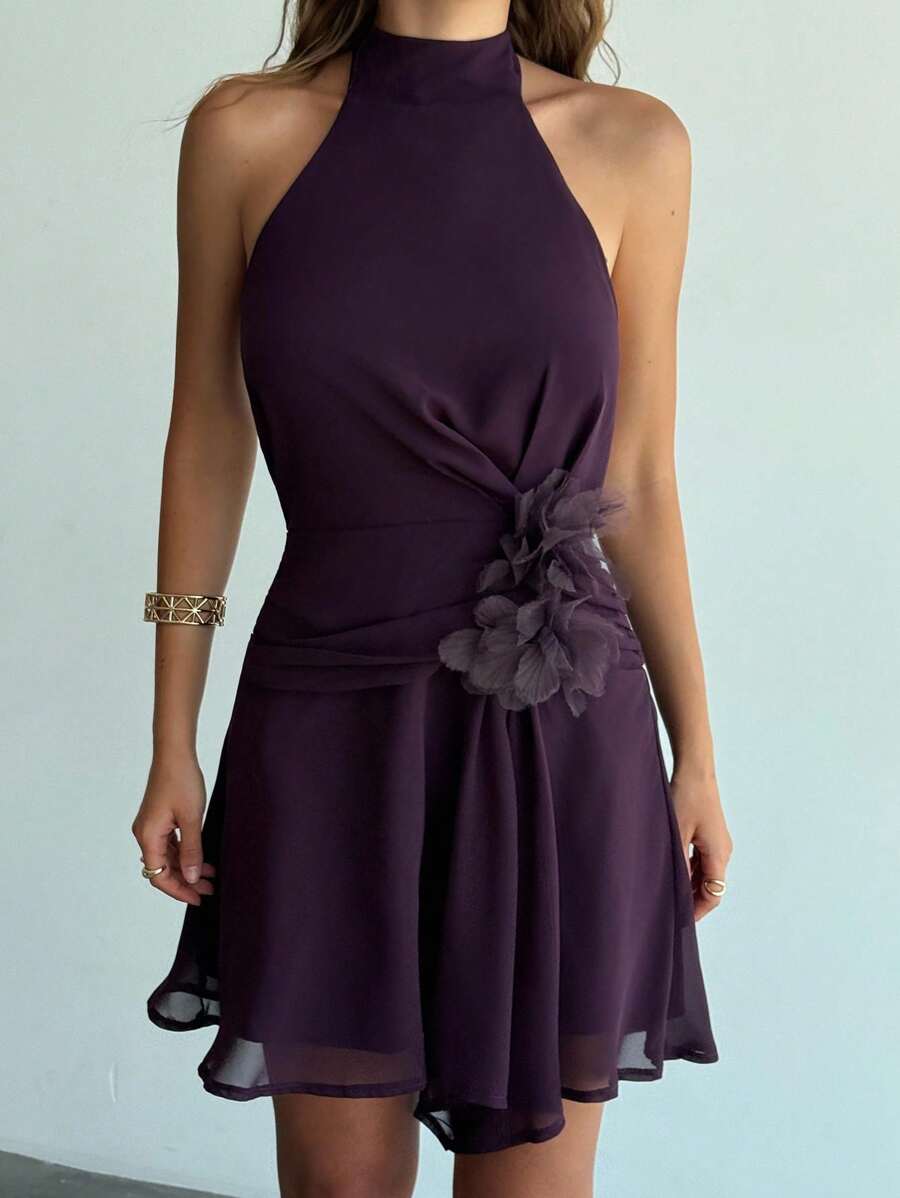 Aloruh Đầm mini cổ yếm thắt eo đính vải dệt kim thanh lịch dành cho nữ, mùa hè, đi chơi - Màu tím - Xem 1