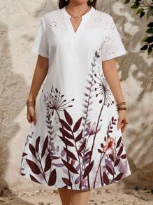 EMERY ROSE 大码女式孔眼刺绣拼布花卉印花夏装 - 酒紅色 - 查看 5