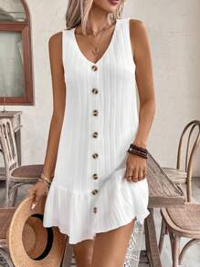EMERY ROSE Vestido casual de mujer con decoración de volantes sin mangas para verano con botones delanteros