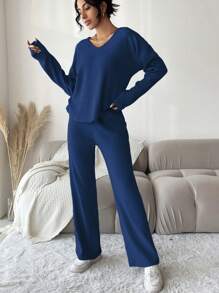 SHEIN Cottnline طقم بنطال طويل بأكمام طويلة ولون سادة للحياة اليومية قطعتين للنساء متعدد الاستخدامات - الأزرق - مشاهدة 5