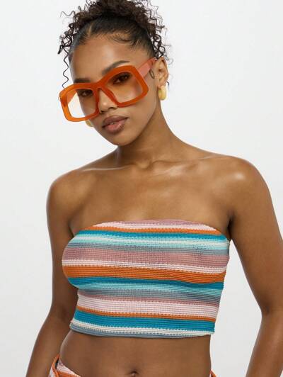 SUMWON WOMEN Wielokolorowy, prążkowany, dzianinowy top typu bandeau, skrócony, na plażę, wakacje, letni kurort, prążkowany, elastyczny top typu bandeau, wakacje na Karaibach