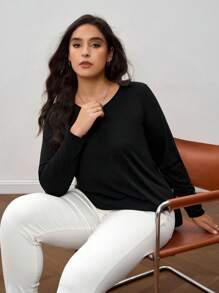 SHEIN Clasi Plus Size Solid Color Button Detail Curved Hem T-Shirt Fall - Black - View 6
