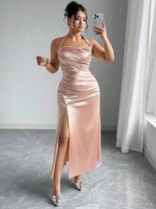 Elenzga Đầm Maxi Dệt Kim Không Tay Dây Mảnh Thanh Lịch Cỡ Lớn Cho Nữ - Rượu sâm banh - Xem 6