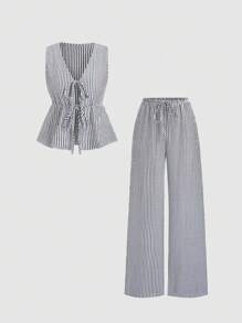 Sweetra 2 件套欧美夏季新款粉色条纹抽绳简约百搭直筒裤，女士街头风套装 - 藏蓝色 - 查看 2