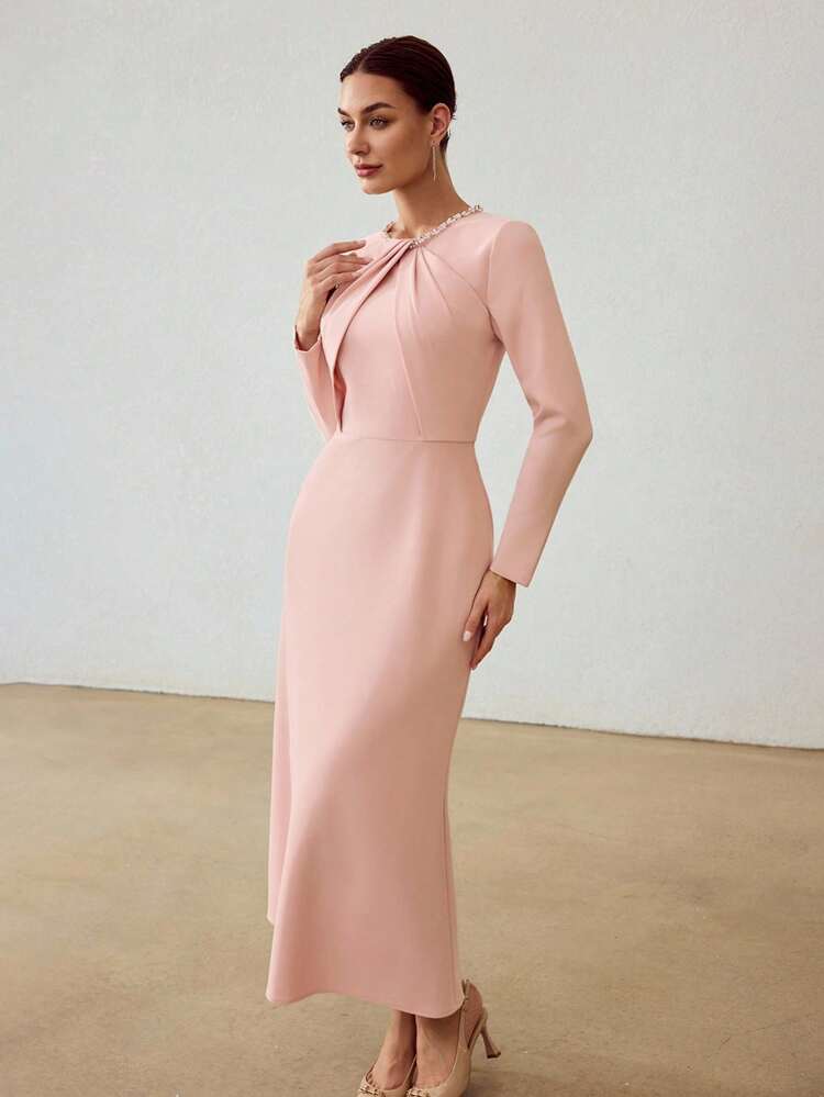 FAUX PEARL RUCHED TWIST FRONT FLOWY HEM DRESS