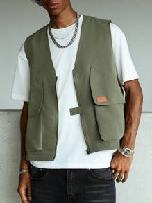 Manfinity Hypemode Chaleco casual de moda urbana para hombre con cremallera frontal y bolsillos con solapa, para verano