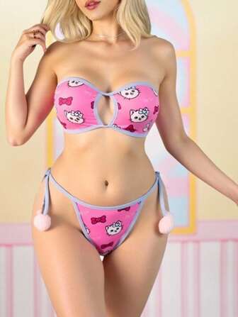 Kawaii Ensemble de lingerie sexy pour femme avec imprimé mignon de petit chat et nœud