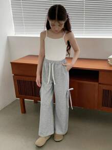 Tween Girl Grey Bowknot Hip-Hop Street Style Wide Leg Casual Sports Sweatpants, Suitable For Autumn Winter Cool Fall - Grey - View 5