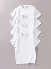 4pcs/Set Boys Basic Casual School Style White T-Shirts, Suitable For Casual Sports & Layering Wear