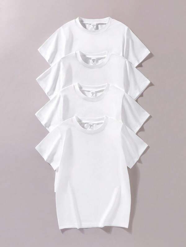 4pcs/Set Boys Basic Casual School Style White T-Shirts, Suitable For Casual Sports & Layering Wear