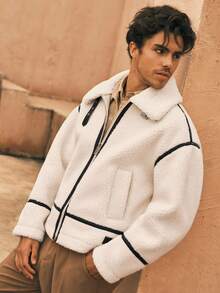 AKNOTIC Business Casual 男士休闲街头风格羊皮拼布短款宽松夹克，秋冬 - 米色 - 查看 7