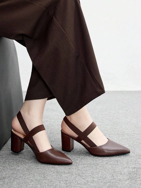 CUCCOO BIZCHIC Women's Fashionable Coffee Color Comfortable Elastic Band Pointed Toe Chunky Heels Pumps, Suitable For Commute, Vacation, Outdoor Occasions For Christmas Spring Shoes