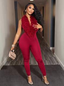 BamGleam Christmas Rave Party  Women's Solid Color Furry Turtleneck Bodycon Jumpsuit - Burgundy - View 5