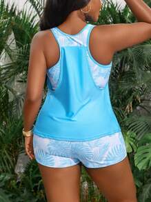 Swim Lushoire Plus Size Women Random Print Tankini Top And Shorts 2pcs/Set For Summer Beach Vacation - Blue - View 2