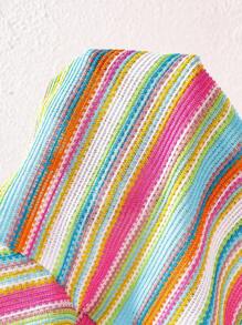 Young Girl Colorful Crocheted Striped 3D Floral Top And Pink Ribbed Flare Pants Set - Pink - View 8