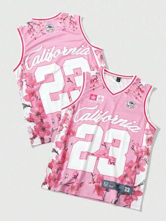 Prep Men's Casual Flower & Number Print V-Neck Basketball Jersey, Summer