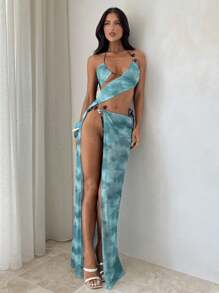 Aloruh 女士夏装，蓝绿扎染图案结构设计，配以串珠装饰，女士罩衫，透视连衣裙，女士度假和沙滩装 - 藍色 - 查看 4