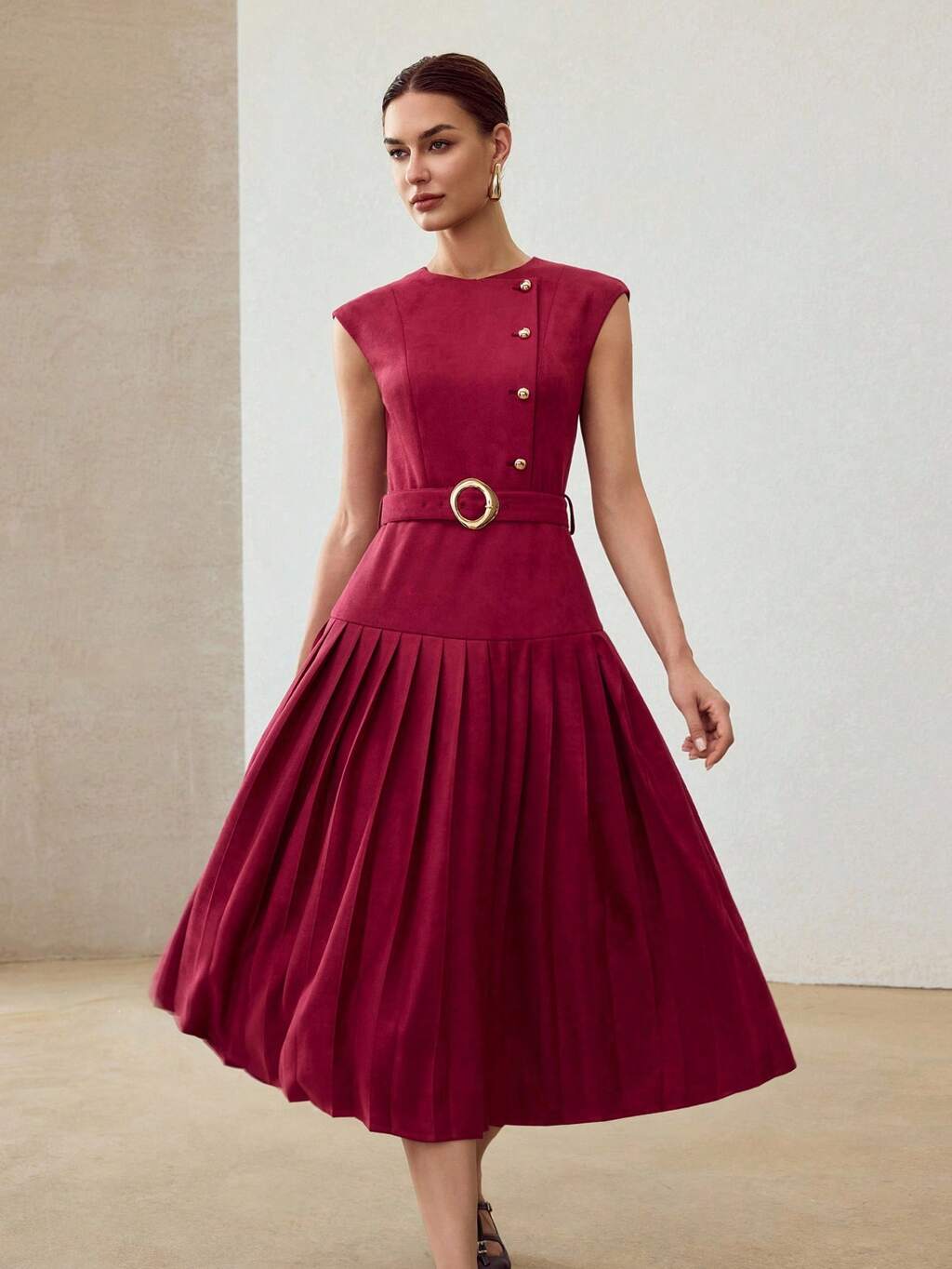 SUEDETTE PLEATED HEM BELTED DRESS