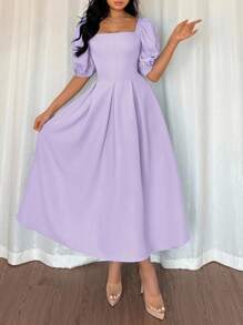 Elenzga Women's Purple Elegant Summer Wedding Dress,Simple Commuting Business Casual Square Neck Ruffle Hem Puff Short Sleeve Solid Color Vacation Dress - Mauve Purple - View 6
