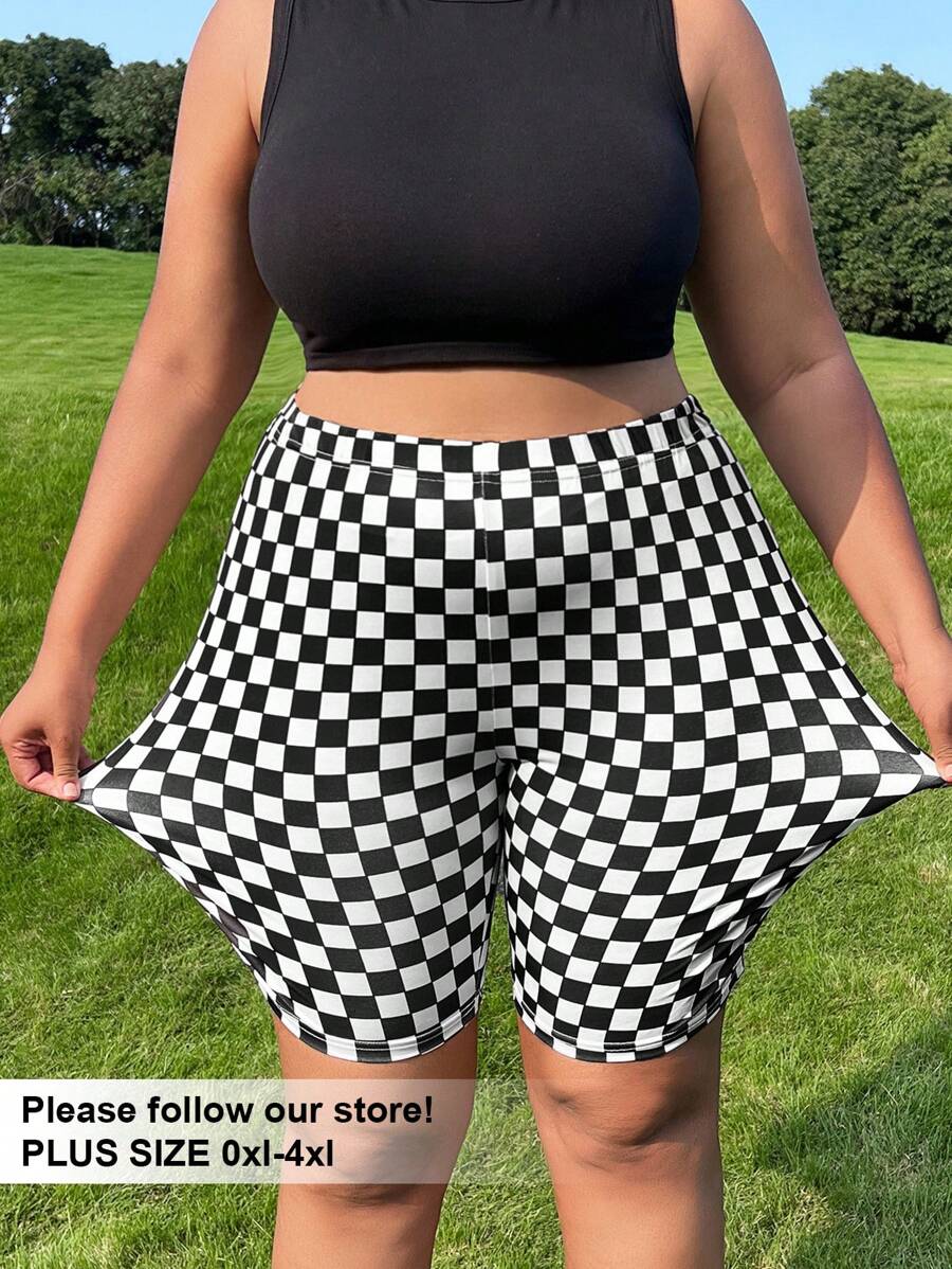 SHEIN EZwear 加大码女式健身裤，格纹裤，黑白格子休闲短款紧身裤，春夏，大学生 - 彩色 - 查看 1