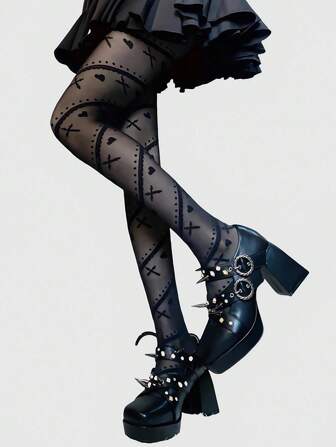 Kawaii 1 Pair Women's Lightweight Black Sheer Pantyhose/Tights With Vintage Cross Print, Polka Dots, Romantic Heart, Simple Stripe Patterns, Punk Gothic Style, Suitable For Lolita Style, Halloween