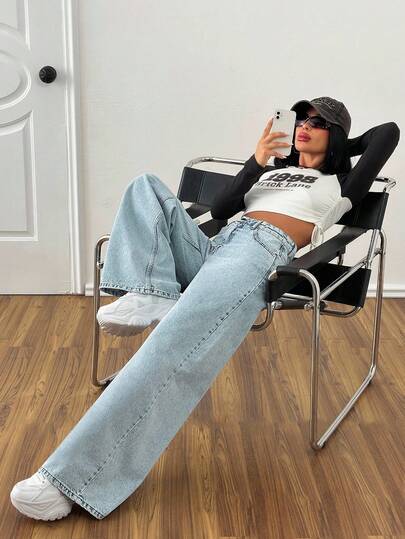 EURMUSE Damen Jeans mit niedriger Taille, Alltags-Lässig-Stil, hellblau, Y2K