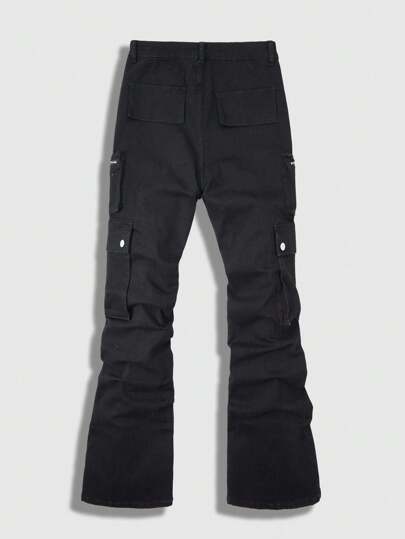 Street Life Pantalones cargo de mezclilla casuales con pliegues de unicolor para hombres