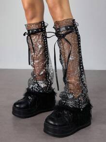 Grunge Punk 1 Cặp tất chân ren đen họa tiết mạng nhện sang trọng, quai da PU đính đinh tán hình ngôi sao phong cách Y2K, thích hợp cho biểu diễn hàng ngày, tiệc tùng và sân khấu, Halloween - màu đen - Xem 3