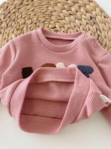 SHEIN Bộ 2 món áo nỉ in chữ và quần nỉ cho bé gái sơ sinh - Hồng - Xem 5