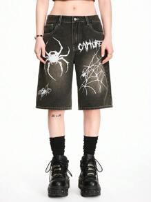 ROMWE Goth Plus Size Spider Print Denim Shorts For Summer - Black - View 4